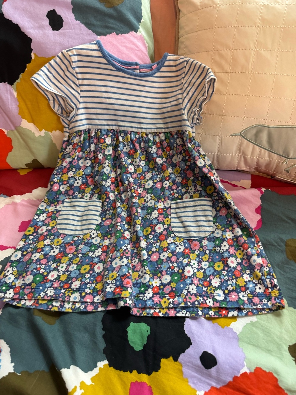 Boden Girls' Whimsical Blue Floral Stripe Pocket Dress, 18-24 months